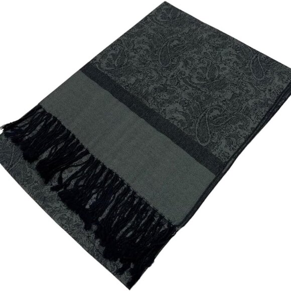 Women Paisley Pashmina Scarf Shawl Wrap Reversible Bohemian Scarves Black & Gray - Picture 5 of 7